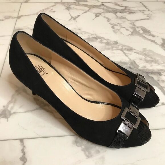 Shoes - Almafi by Rangoni Black Suede Peeptoe Heels with Buckle Detail and Faux Reptile